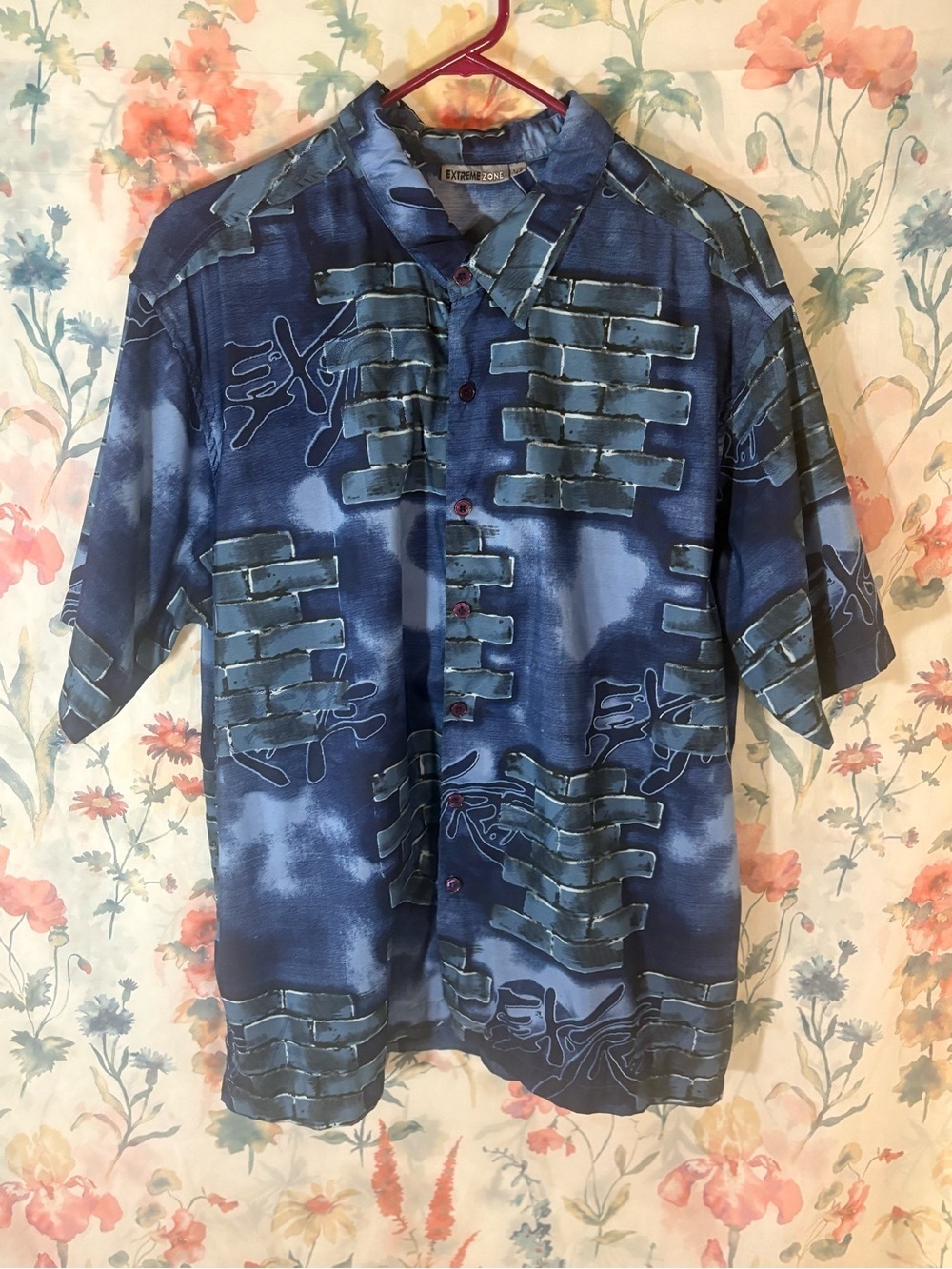 Vintage Blue Graphic Short Sleeve Button-Up Shirt